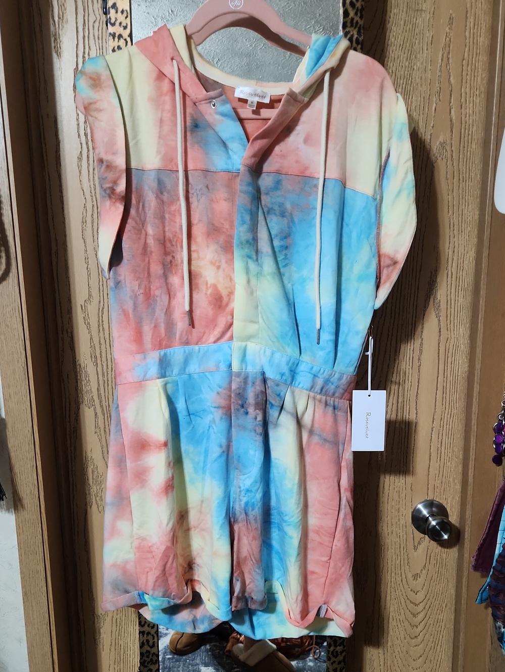 Rose Velvet Tie-Dye Hooded Romper - Multicolor
